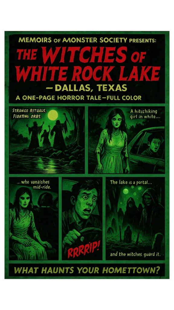 The image is a poster for a book or movie titled "Memoirs of a Monster Witch." The alt text should describe the purpose of the image. A suitable alt text could be: "A dark green poster with a witch and the title 'Memoirs of a Monster Witch' in red letters."