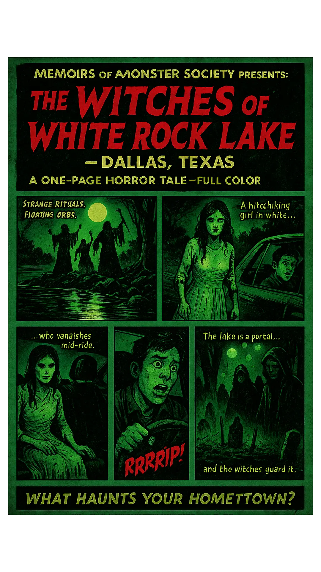 The image is a poster for a book or movie titled "Memoirs of a Monster Witch." The alt text should describe the purpose of the image. A suitable alt text could be: "A dark green poster with a witch and the title 'Memoirs of a Monster Witch' in red letters."