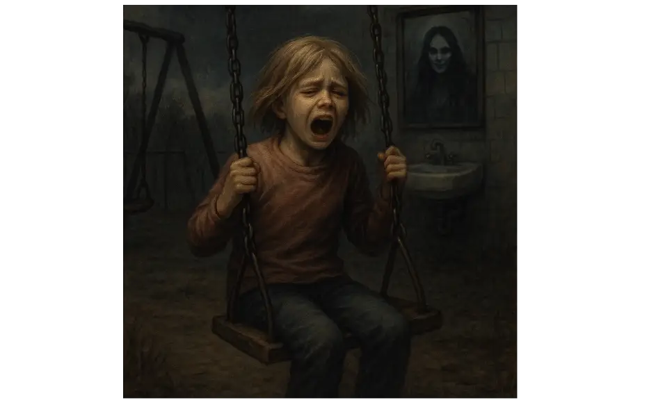 Haunted swing set after Bloody Mary ritual with ghost in mirror illustration