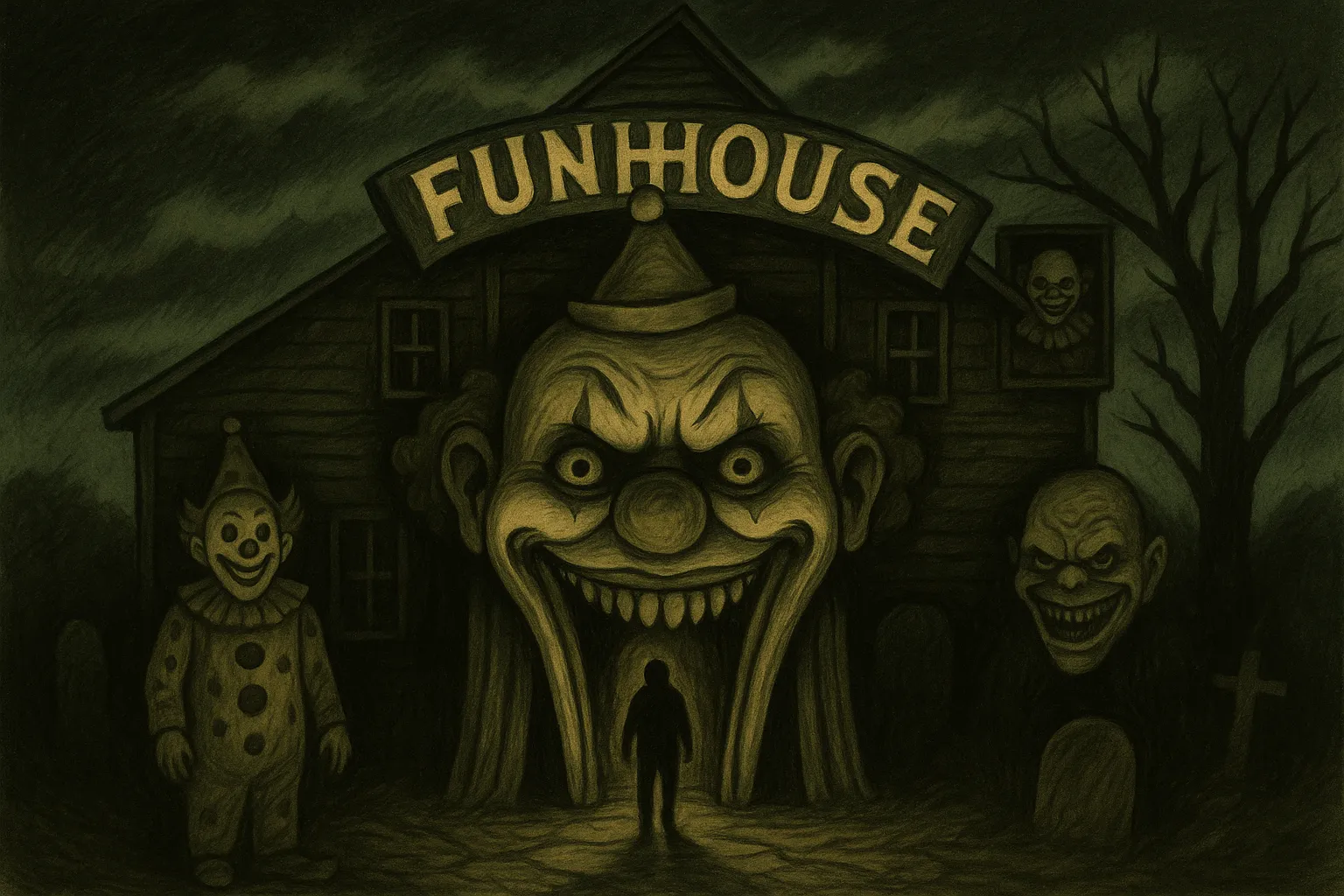 Illustration of a haunted clown motel with eerie clown faces and a dark funhouse entrance in Tonopah, Nevada.
