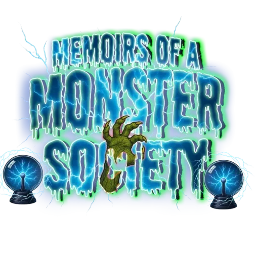 Memoirs of a Monster Society logo with lightning, glowing text, and monster hand