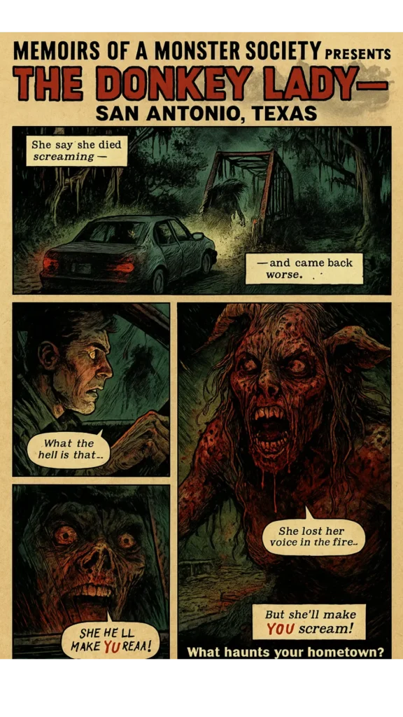 donkey-lady-san-antonio-texas-urban-legend-comic Horror comic panel of the Donkey Lady, a burned ghostly figure from San Antonio Texas urban legends, featured in the Memoirs of a Monster Society series.