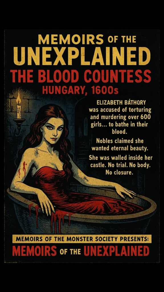 elizabeth-bathory-blood-countess-memoirs-of-the-unexplained Gothic horror comic-style poster of Elizabeth Báthory, the Blood Countess, in a bathtub of blood. Based on real vampire legends.