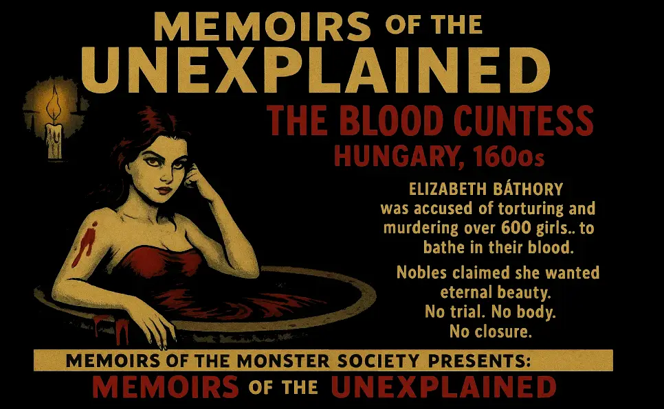 Vintage horror comic illustration of Elizabeth Báthory, the Blood Countess, sitting in a bathtub of blood. Inspired by real vampire legends.