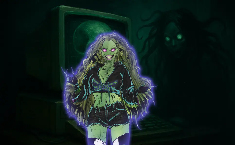 Old CRT computer showing a green wireframe skull with a ghostly figure in the shadows, inspired by the Kill Switch game urban legend.