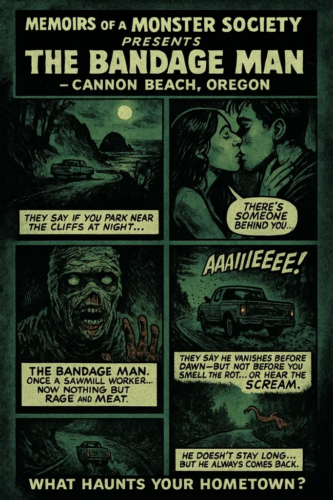 Vintage horror comic page: “Memoirs of a Monster Society Presents: The Bandage Man — Cannon Beach, Oregon”; bandaged ghoul, pickup on a cliff road at night.
