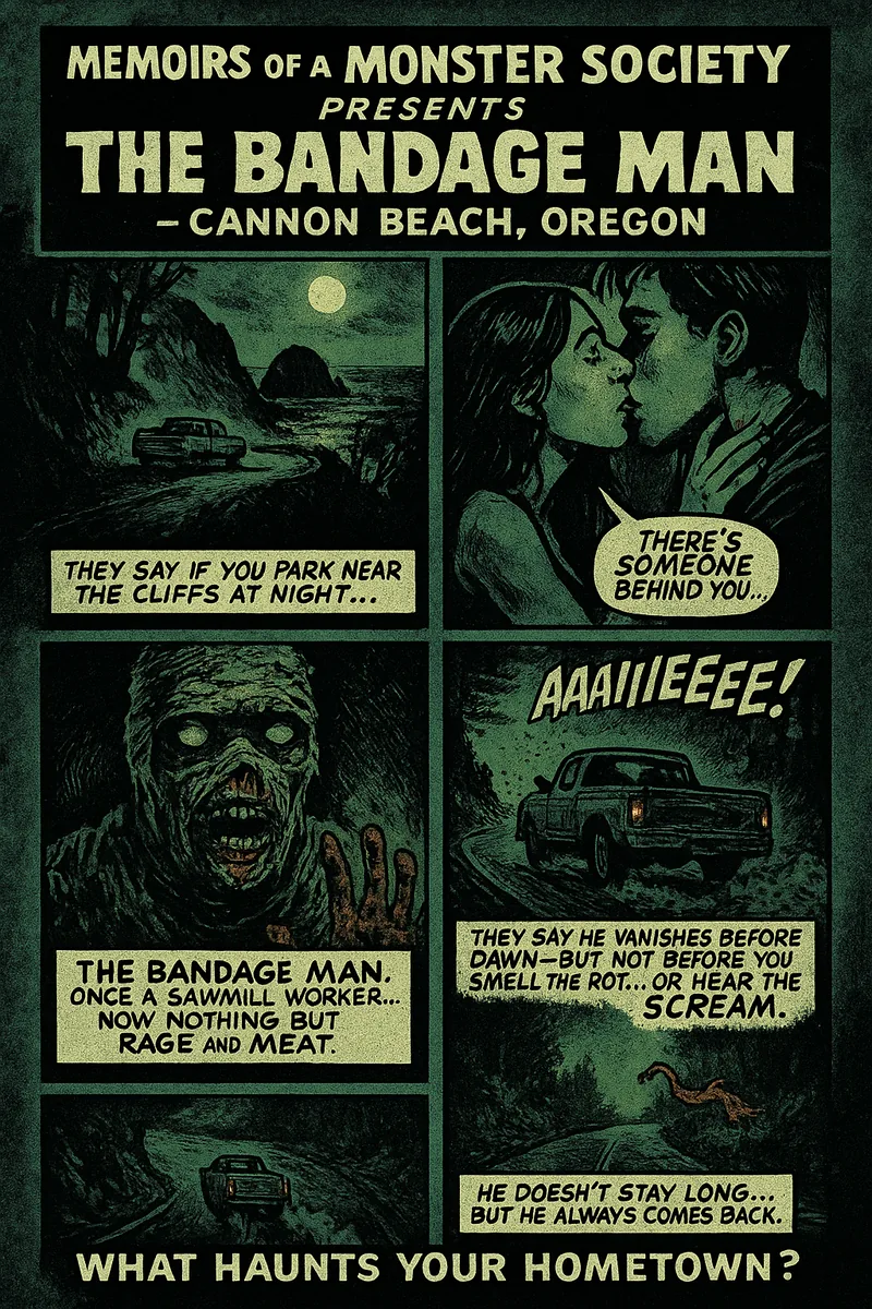 Vintage horror comic page: “Memoirs of a Monster Society Presents: The Bandage Man — Cannon Beach, Oregon”; bandaged ghoul, pickup on a cliff road at night.