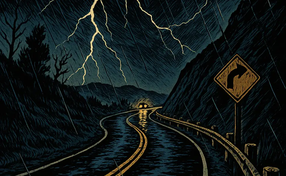 Realistic night photo of a haunted curve in the road with a floating ghostly head near the trees, inspired by the Dead Man’s Curve legend.