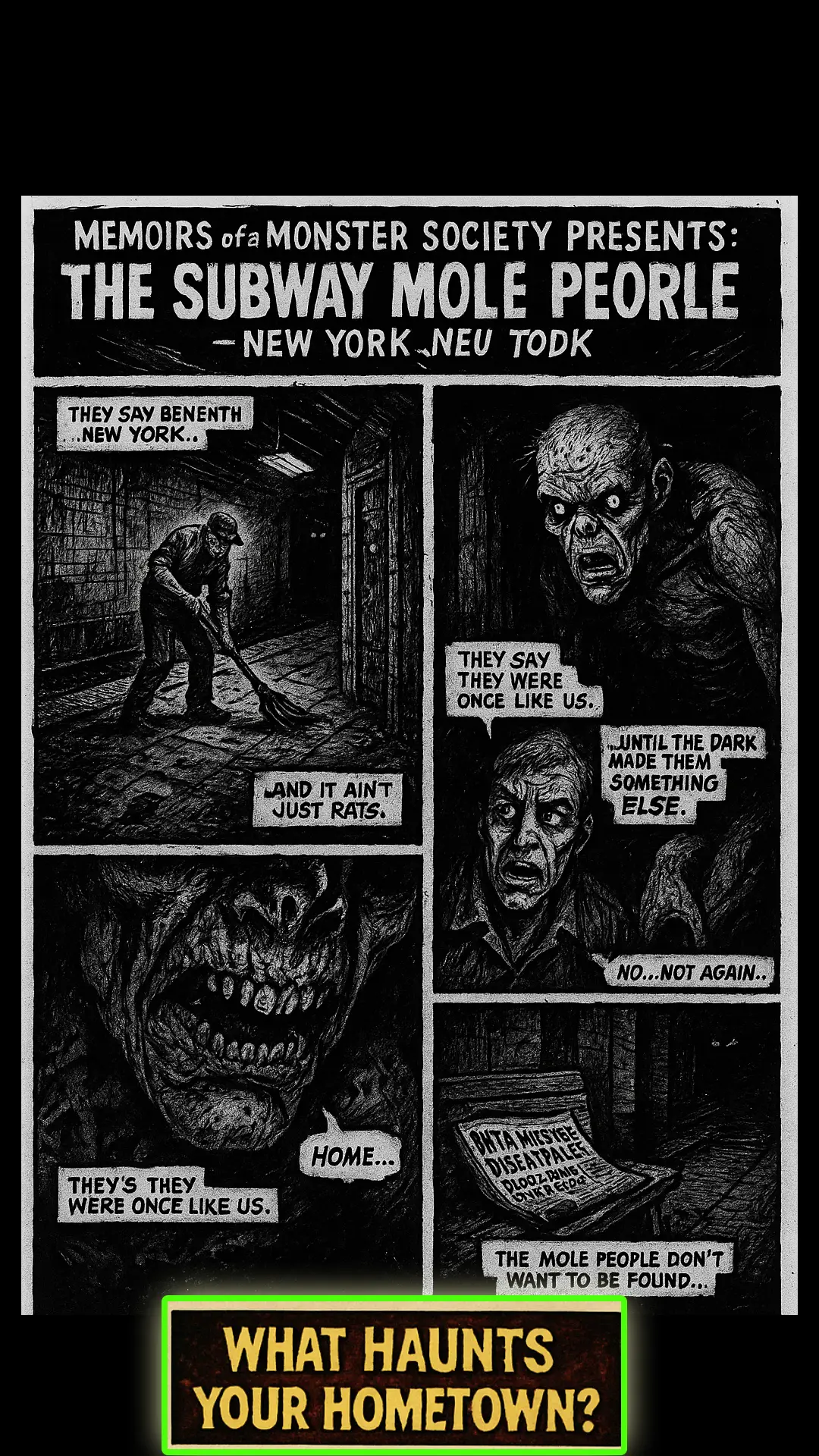 Subway Mole People horror comic page from Memoirs of a Monster Society, showing mutated creatures beneath New York.