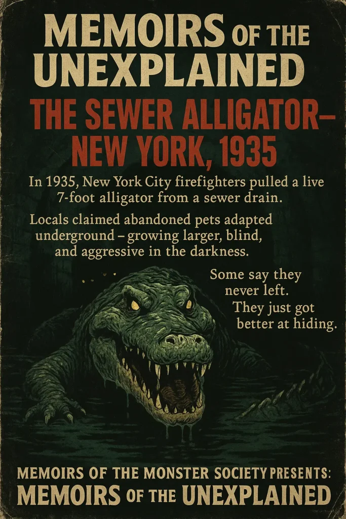 Vintage-style poster: Memoirs of the Unexplained — The Sewer Alligator, New York, 1935.