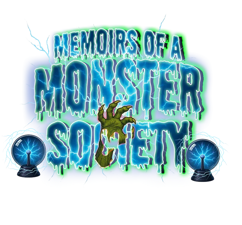 Memoirs of a Monster Society logo with lightning, glowing text, and monster hand