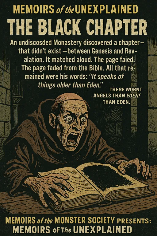 Illustration of a monk reading a mysterious black chapter in an ancient book with a shocked expression