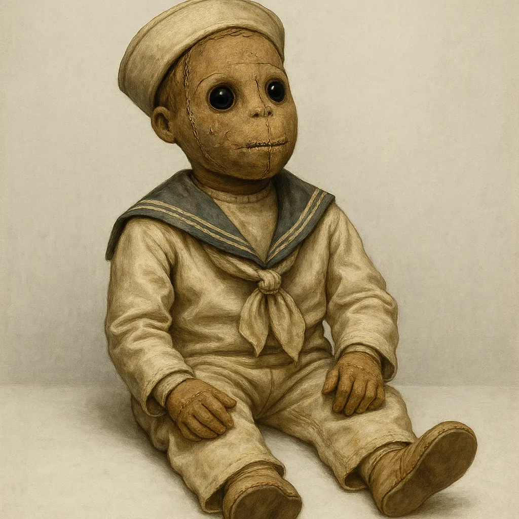 reepy antique doll in sailor suit sitting against a faded background, inspired by Robert the Doll legend in Key West, Florida.