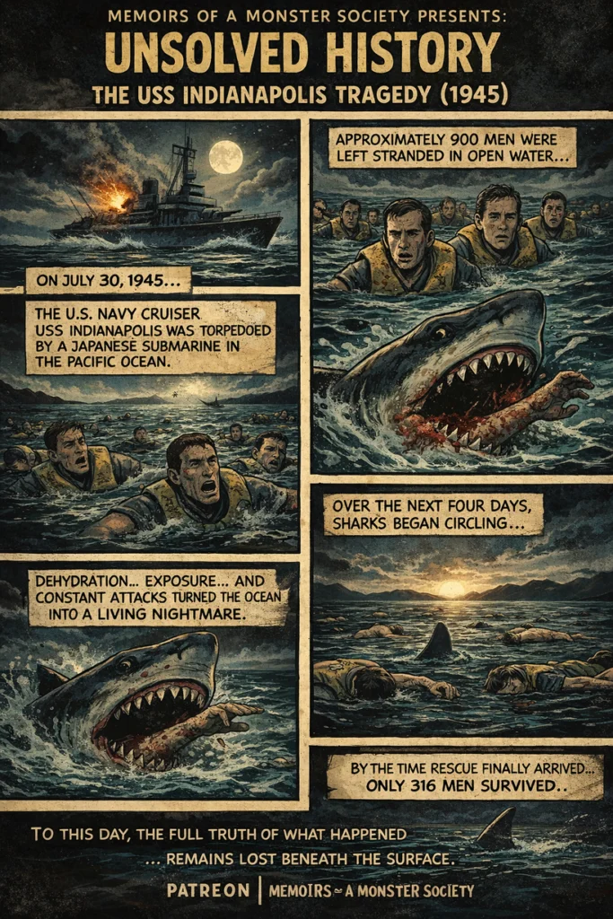 A vintage horror comic-style illustration of the USS Indianapolis tragedy (1945), depicting stranded U.S. Navy sailors floating in the Pacific Ocean as sharks circle beneath them. The artwork captures the terror, isolation, and deadly aftermath of the sinking, where over 900 men were left in open water facing dehydration, exposure, and relentless shark attacks.